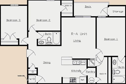 Floor plan for 3 beds, 2 baths, 1225 sqft